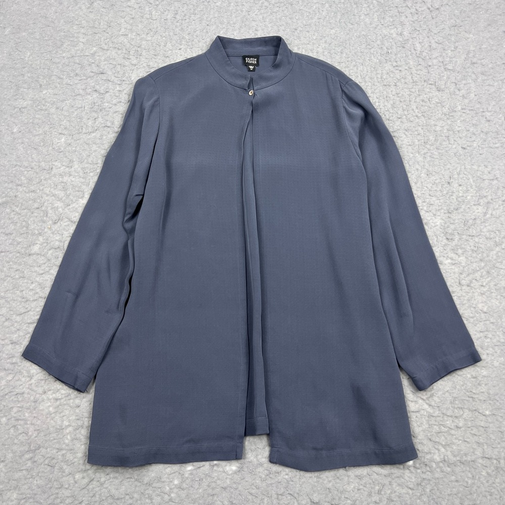 Eileen Fisher Top Womens Medium Blue 100% Silk Mandarin Collar Open Front Blouse